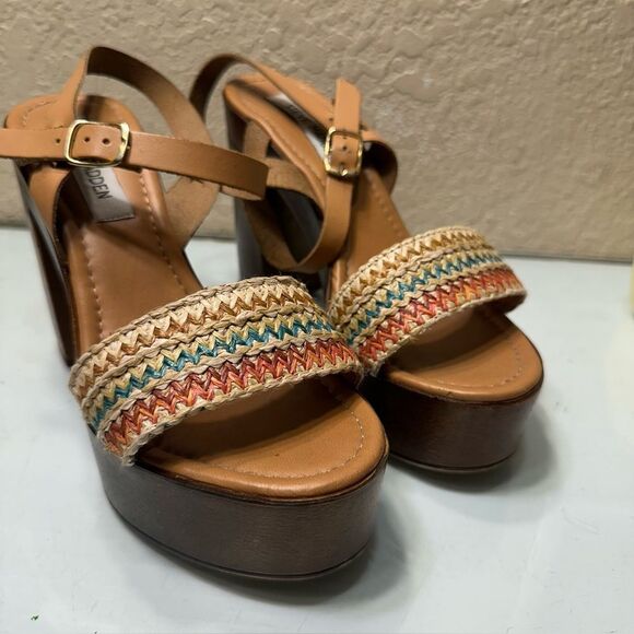 Steve Madden Y2K Size 8 Chunky Heel Multicolor Woven Straw and Leather Sandals - Picture 1 of 11